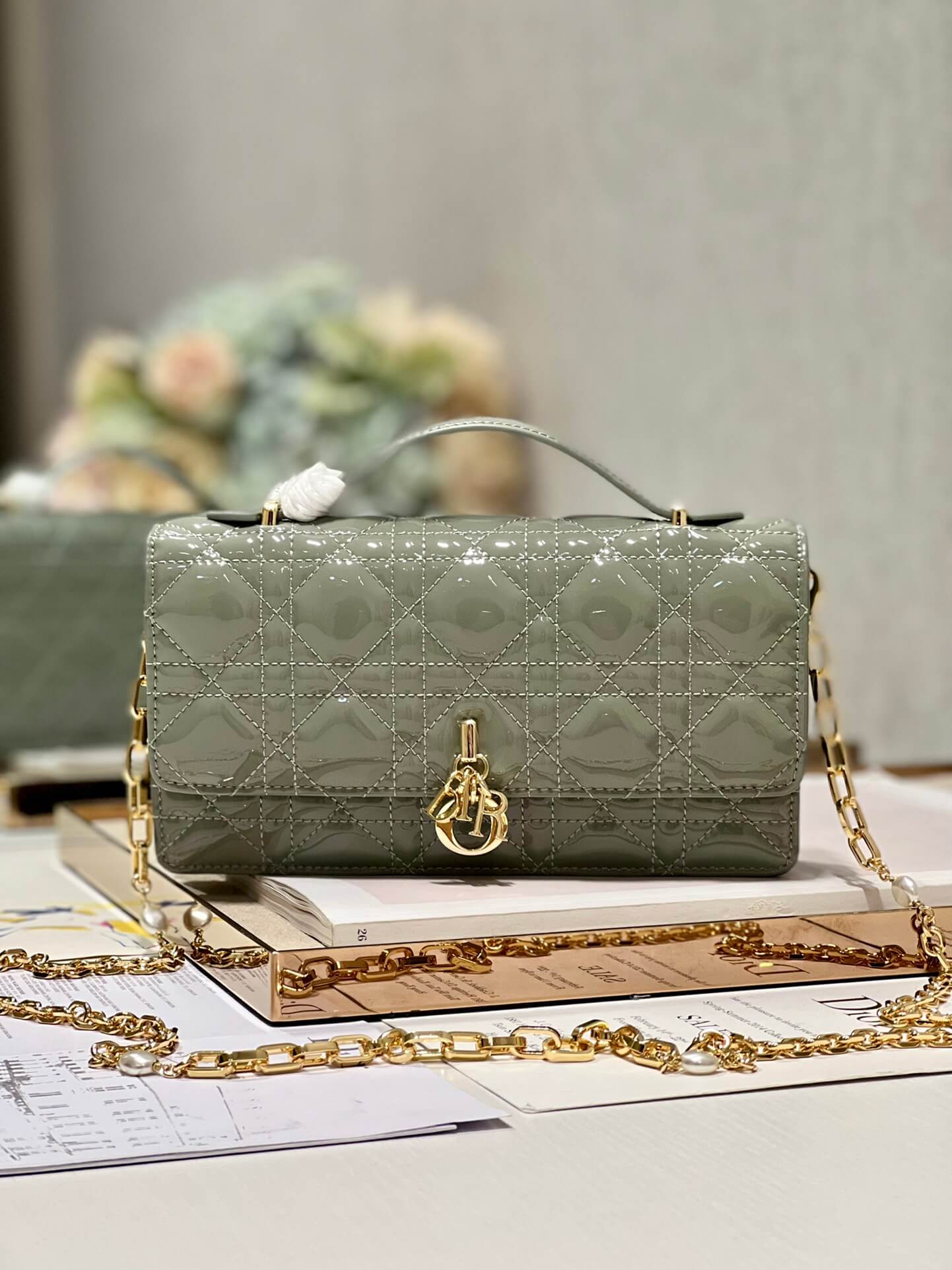Miss Dior Top Handle Bag Grey in Patent Leather