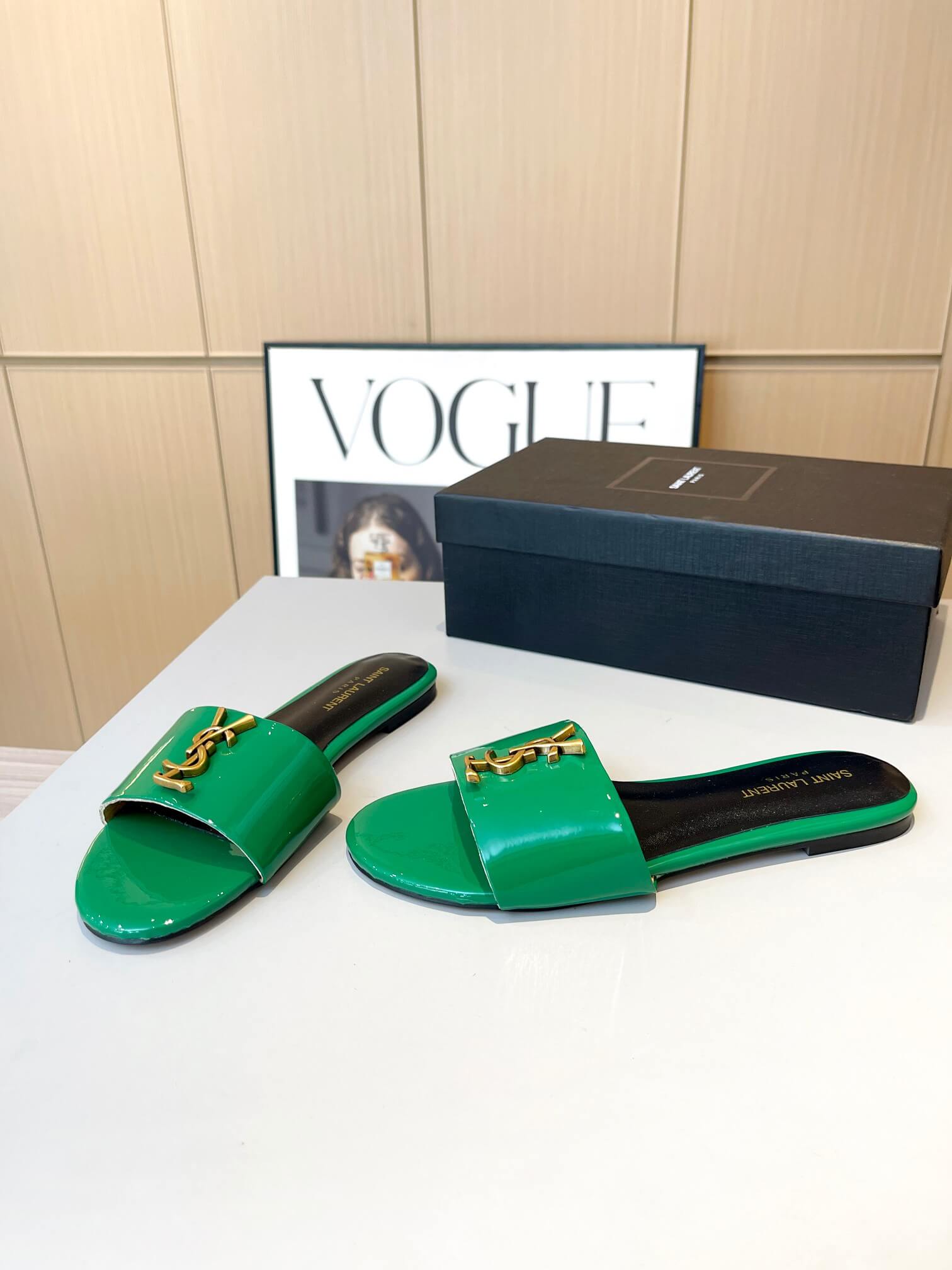 YSL Flat Green Slides - Image 4
