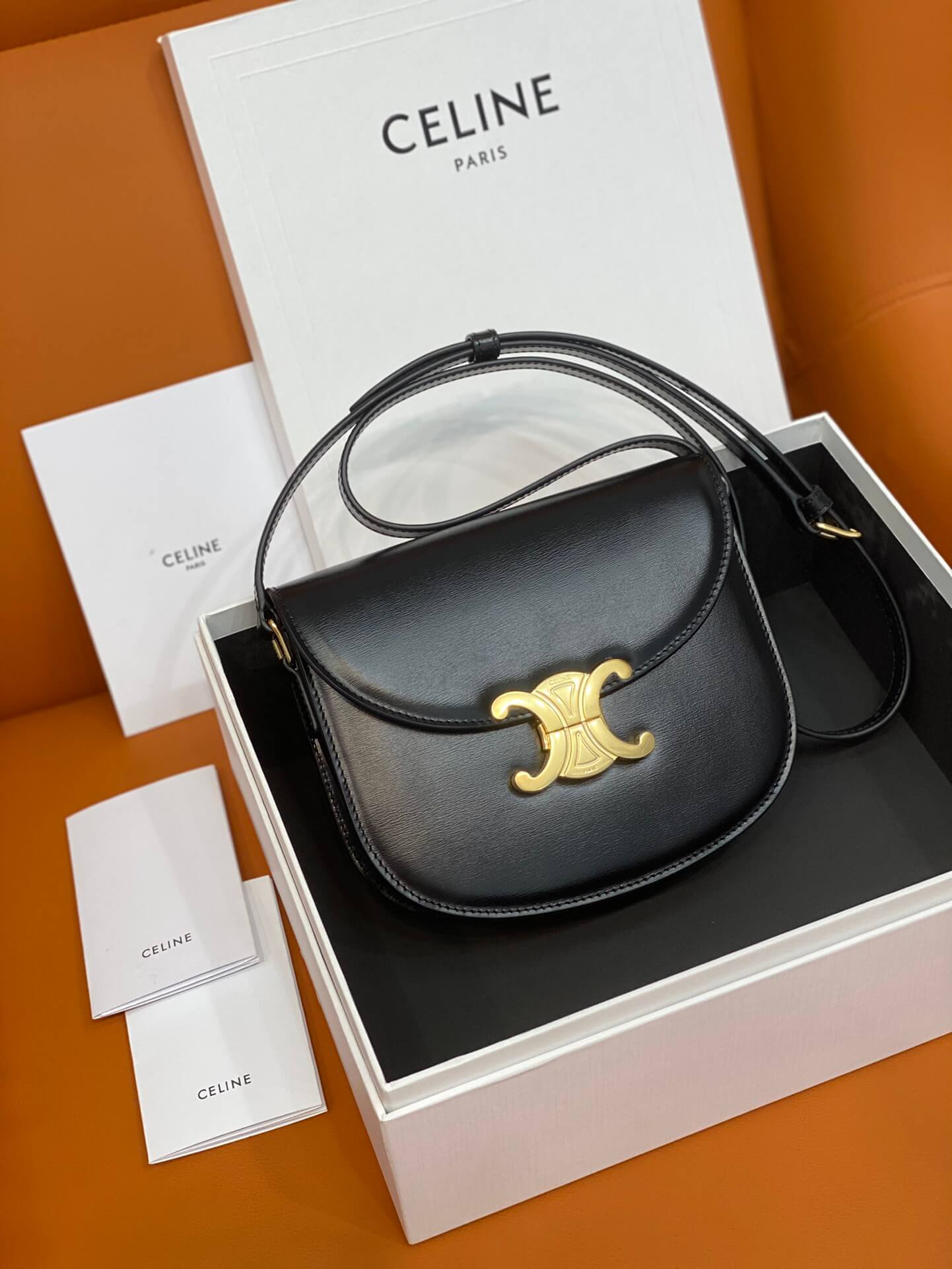 Celine Besace Clea In Shiny Calfskin Leather Bag in Black