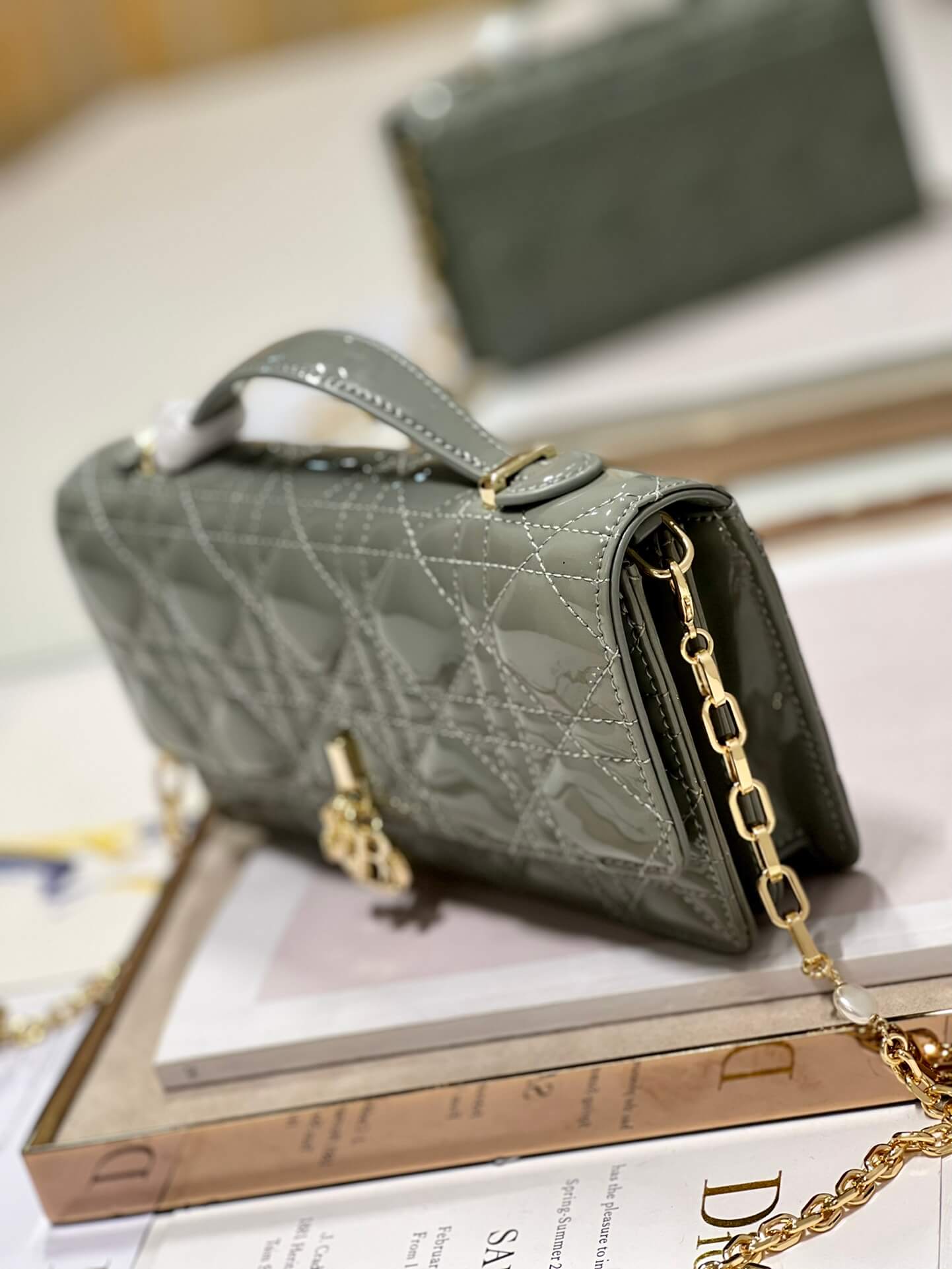 Miss Dior Top Handle Bag Grey in Patent Leather - Image 9