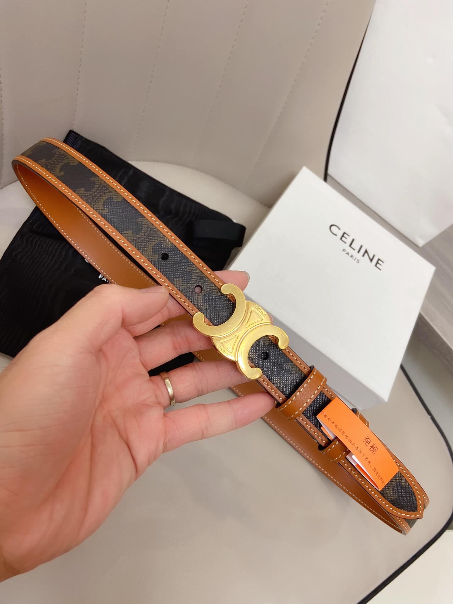Celine Triomphe Belt in Triomphe Canvas and Calfskin