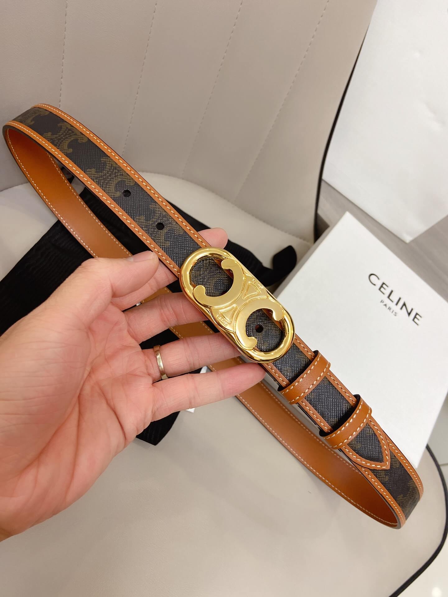 Celine Triomphe Belt in Triomphe Canvas and Calfskin - Image 5