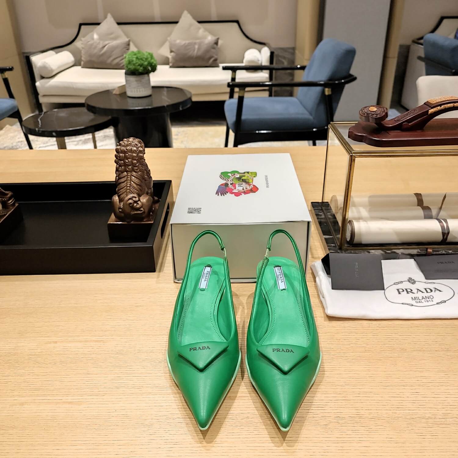 Prada Women Nylon Gabardine Slingback Pumps-Green - Image 6
