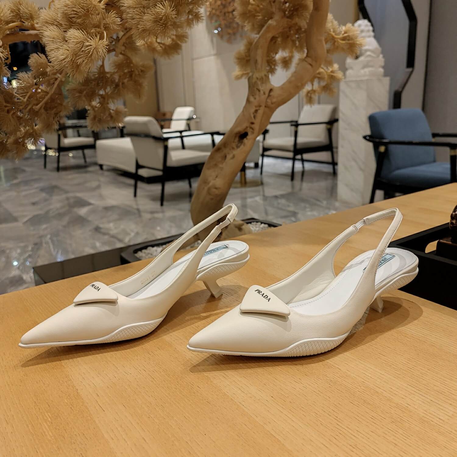Prada Women Nylon Gabardine Slingback Pumps-White - Image 5