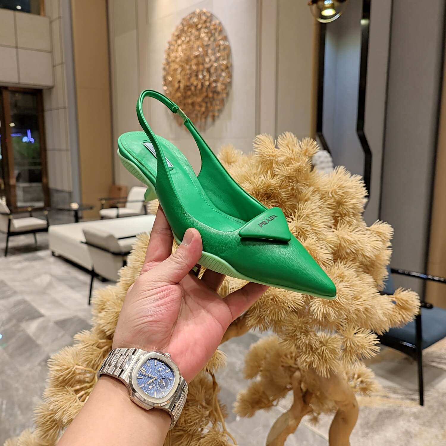 Prada Women Nylon Gabardine Slingback Pumps-Green - Image 9
