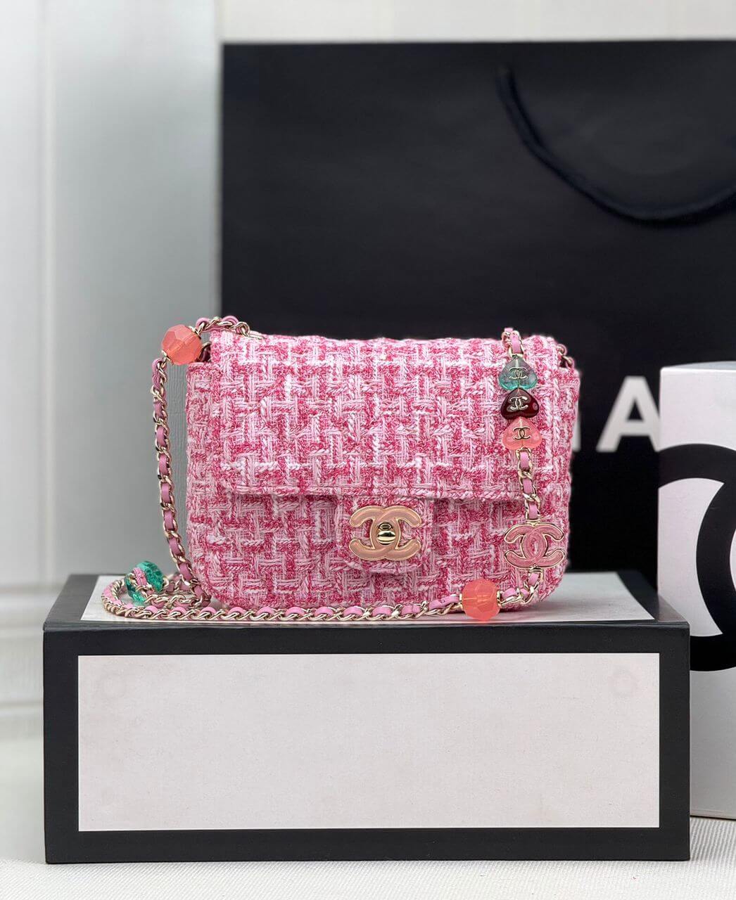 Chanel Tweed Mini Heart Square Flap Pink White Bag