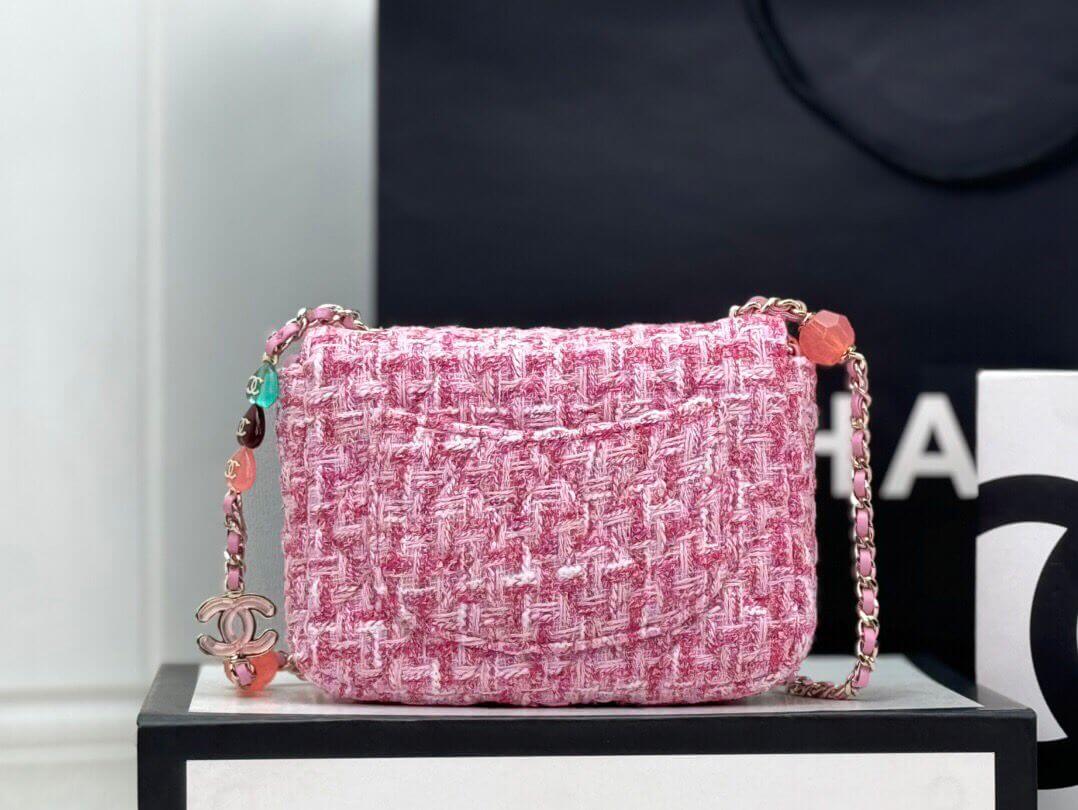 Chanel Tweed Mini Heart Square Flap Pink White Bag - Image 2