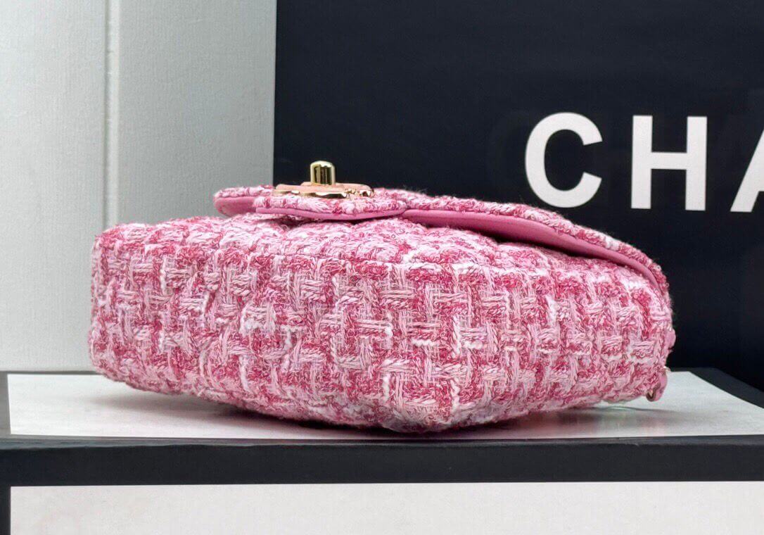 Chanel Tweed Mini Heart Square Flap Pink White Bag - Image 4