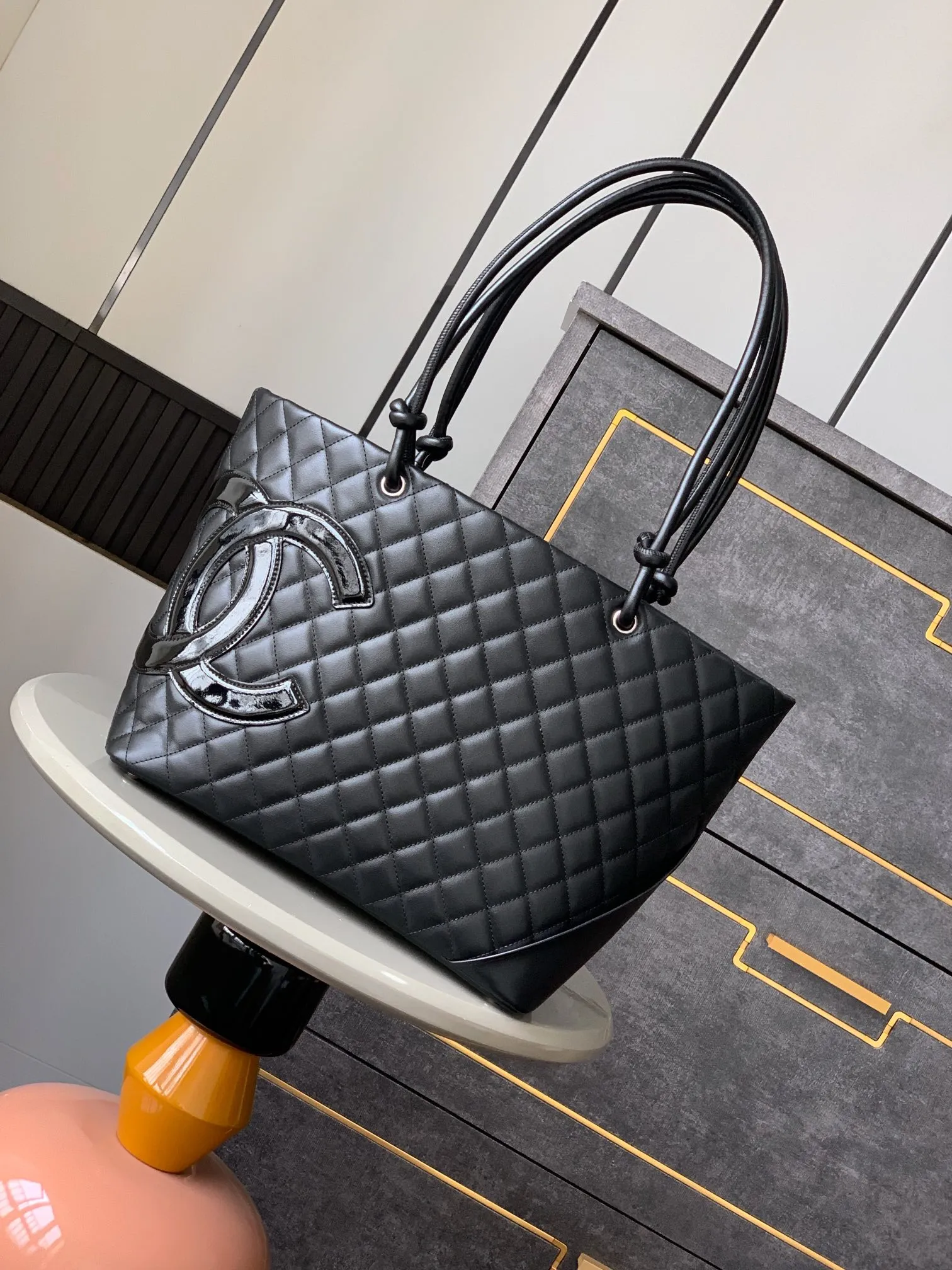 Auth CHANEL Cambon Shoulder Bag Tote Bag Black