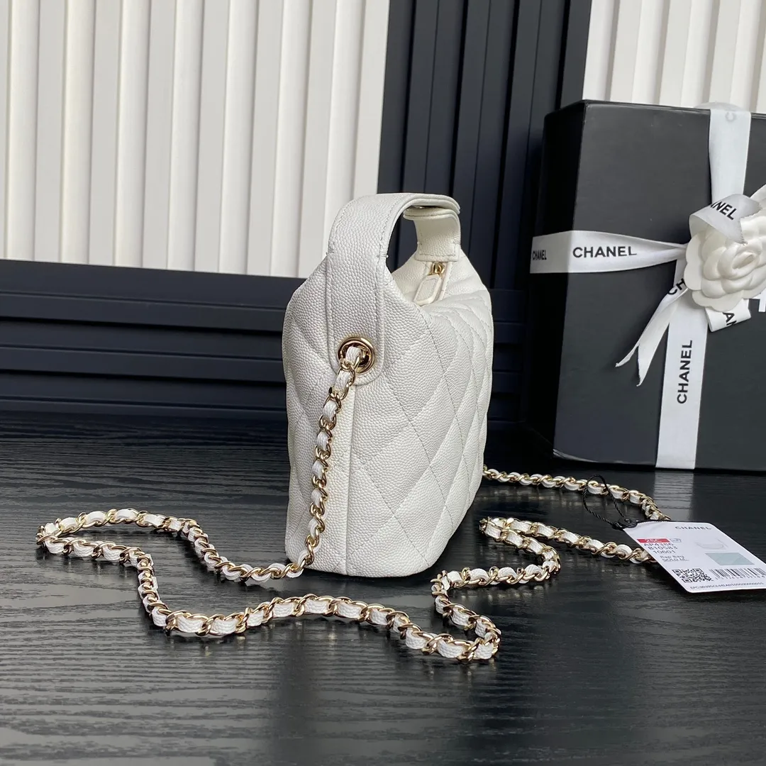 CC 25C Hobo Bag Top Handle White Grained Calfskin - Image 8