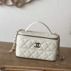CHANEL 25C Vanity Case Gold Top CC LOGO Handle White CAVIAR Bag