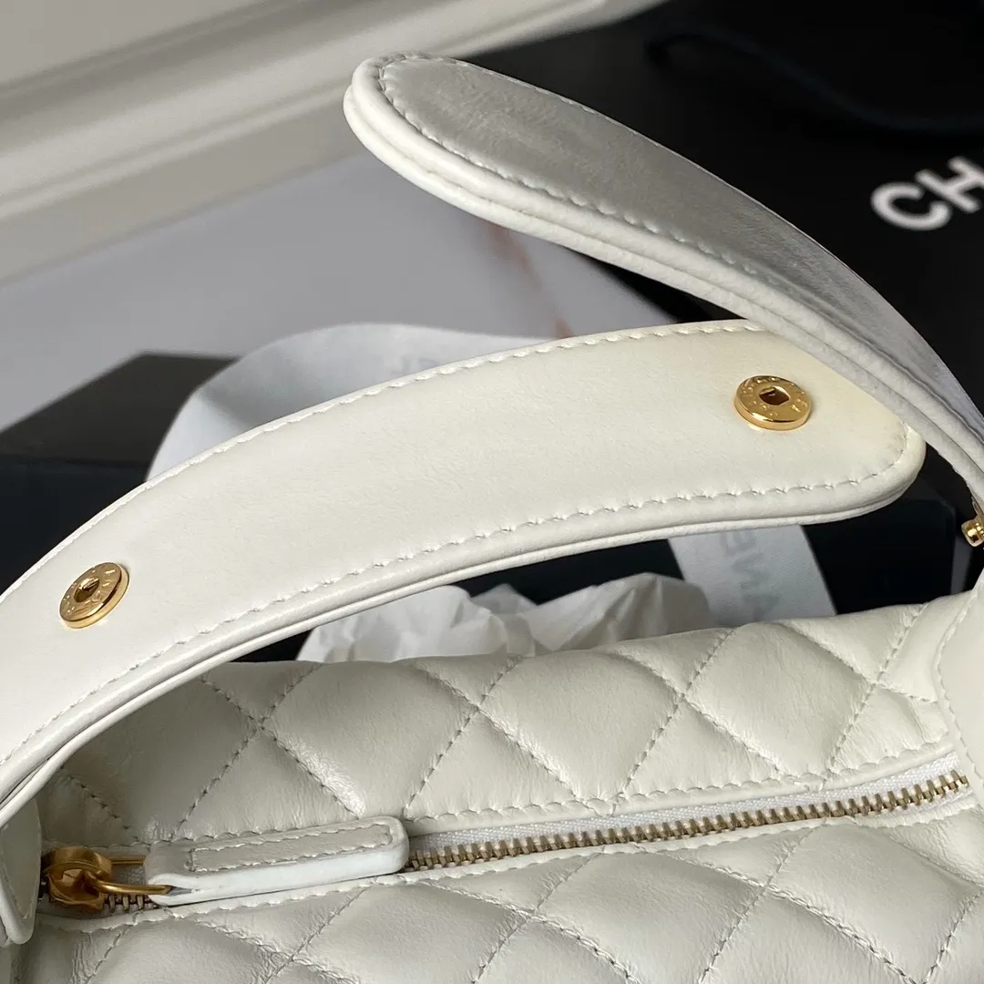 CHANEL Front Pocket Hobo Pouch Mini White Quilted Caviar - Image 7