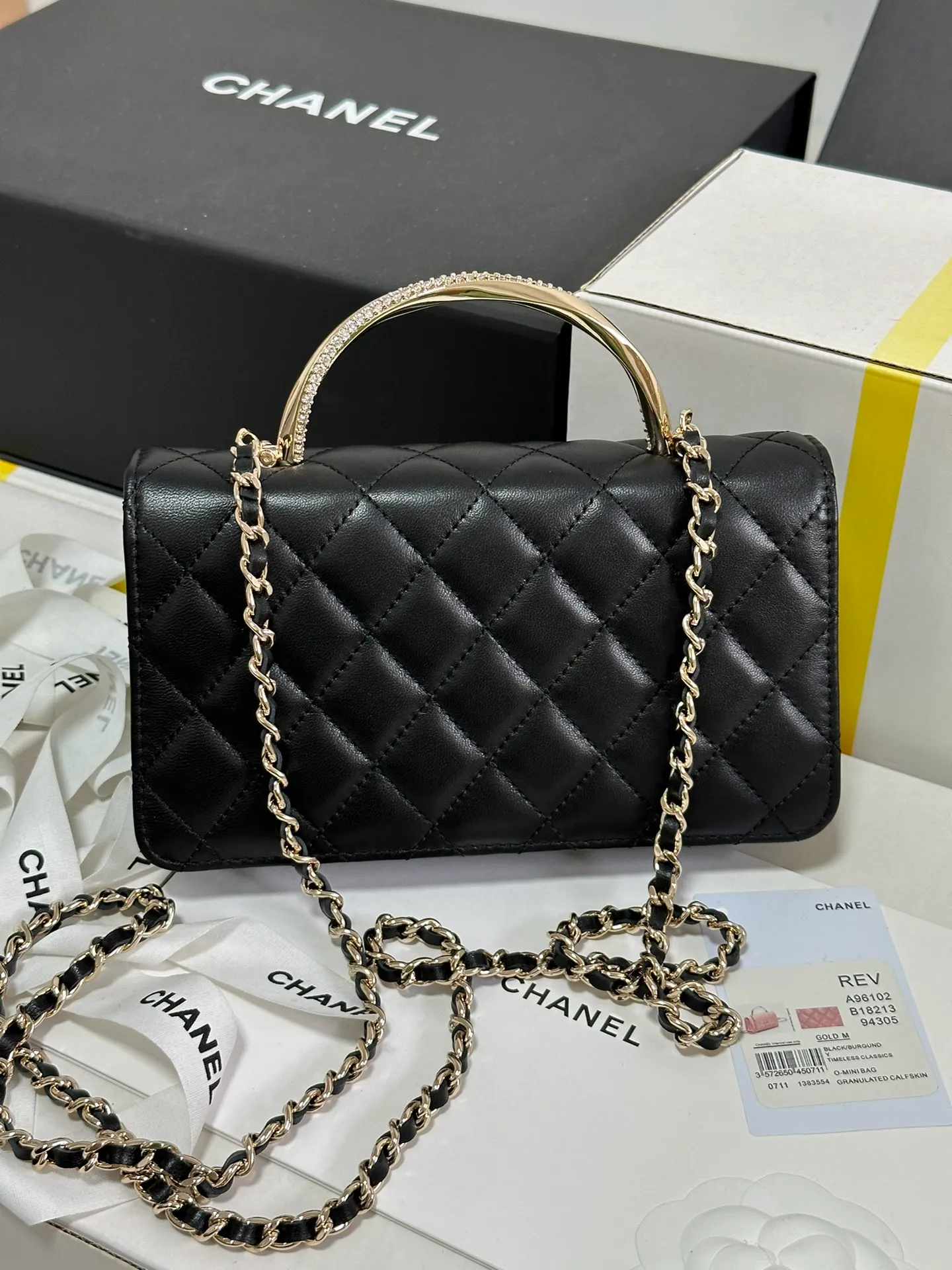 CHANEL Lambskin Quilted Crystal Top Handle Clutch With Chain Black - Image 2