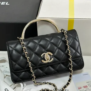 CHANEL Lambskin Quilted Crystal Top Handle Clutch With Chain Black