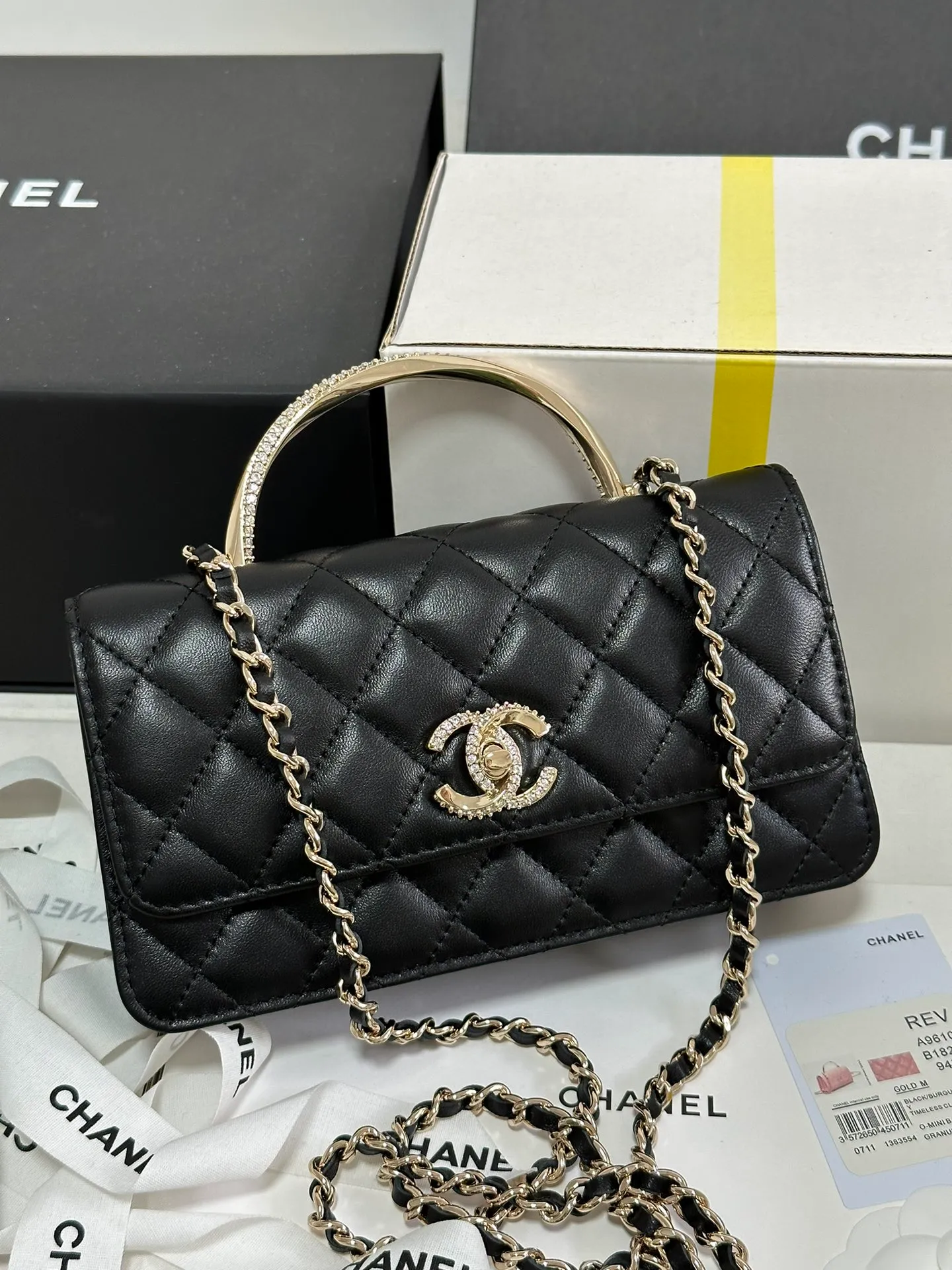 CHANEL Lambskin Quilted Crystal Top Handle Clutch With Chain Black