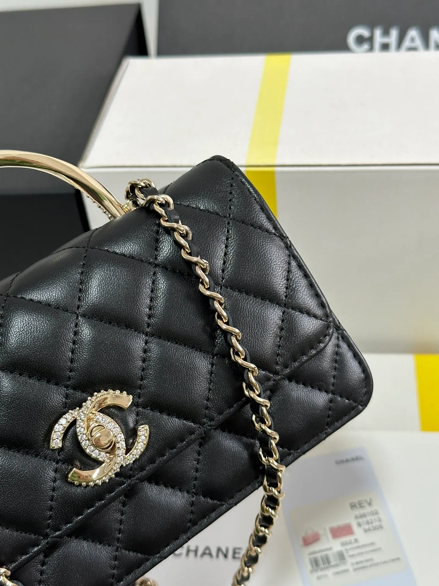 CHANEL Lambskin Quilted Crystal Top Handle Clutch With Chain Black - Image 5