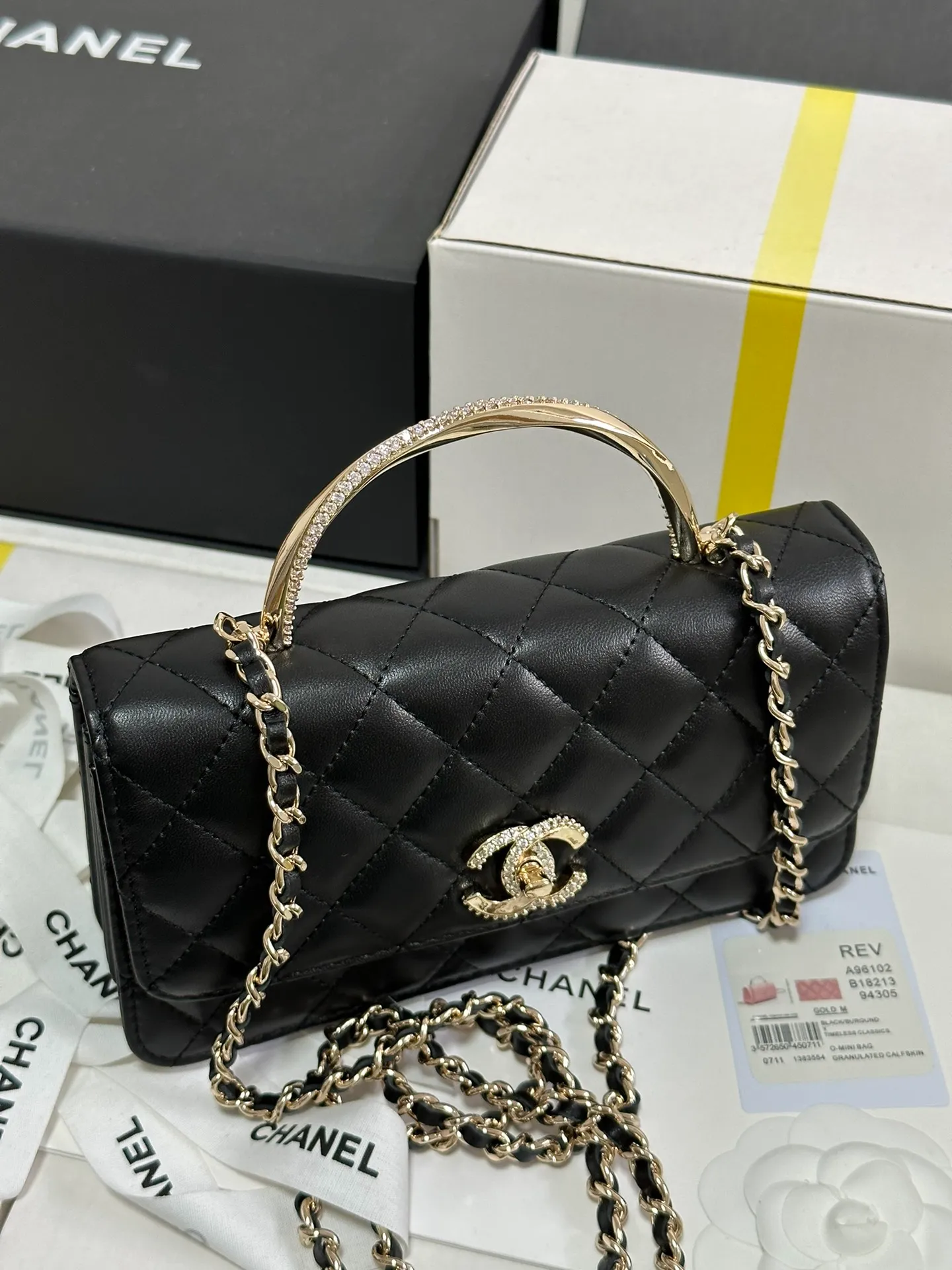 CHANEL Lambskin Quilted Crystal Top Handle Clutch With Chain Black - Image 7