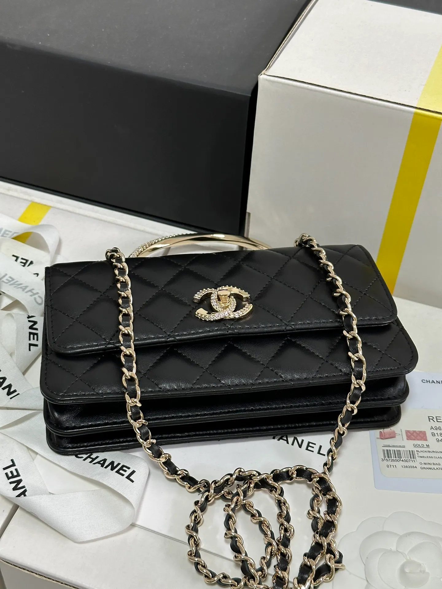CHANEL Lambskin Quilted Crystal Top Handle Clutch With Chain Black - Image 9