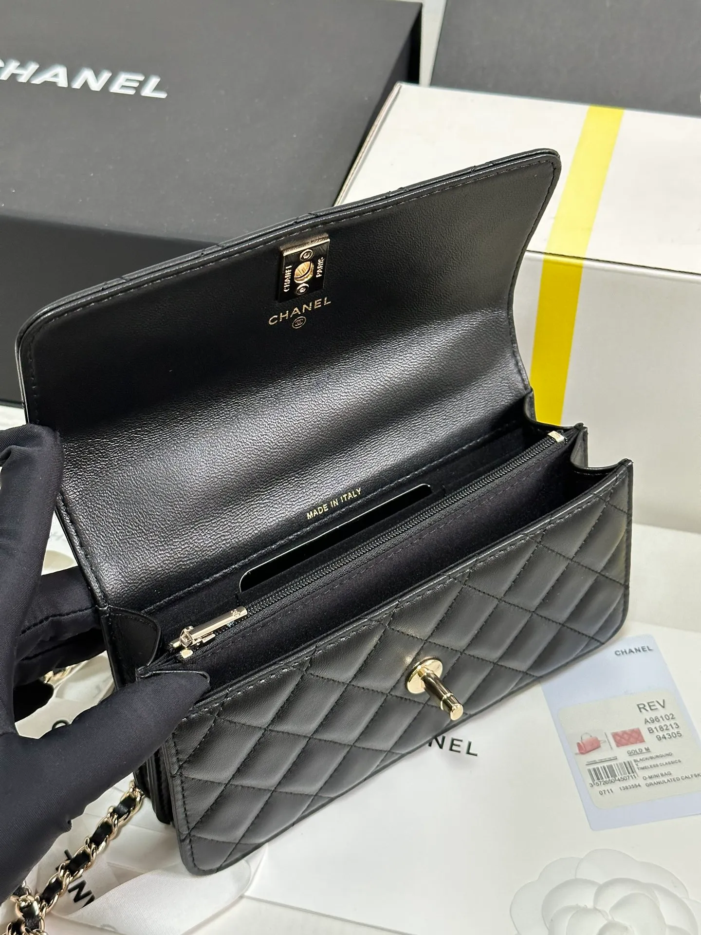 CHANEL Lambskin Quilted Crystal Top Handle Clutch With Chain Black - Image 10