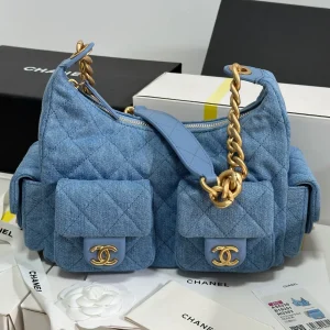 Chanel 25C Large Hobo Bag in Light Blue Washed Denim Fabric