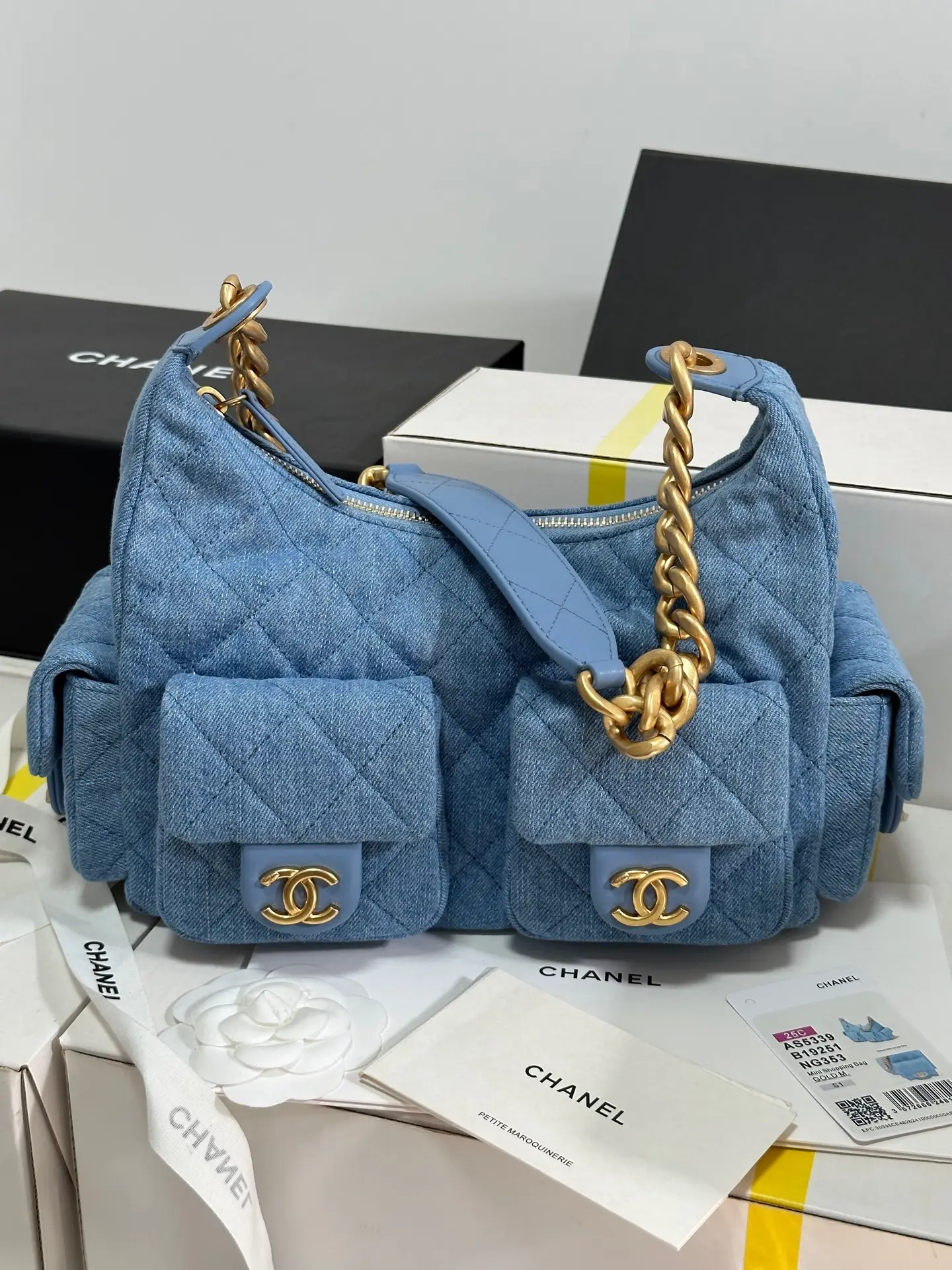 Chanel 25C Large Hobo Bag in Light Blue Washed Denim Fabric