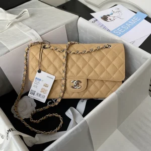 Chanel Beige Quilted Caviar Leather Medium Classic Double Flap Bag