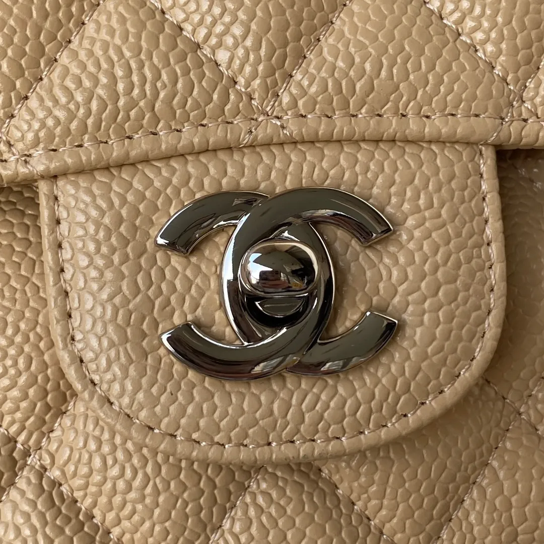 Chanel Beige Quilted Caviar Leather Medium Classic Double Flap Bag - Image 5