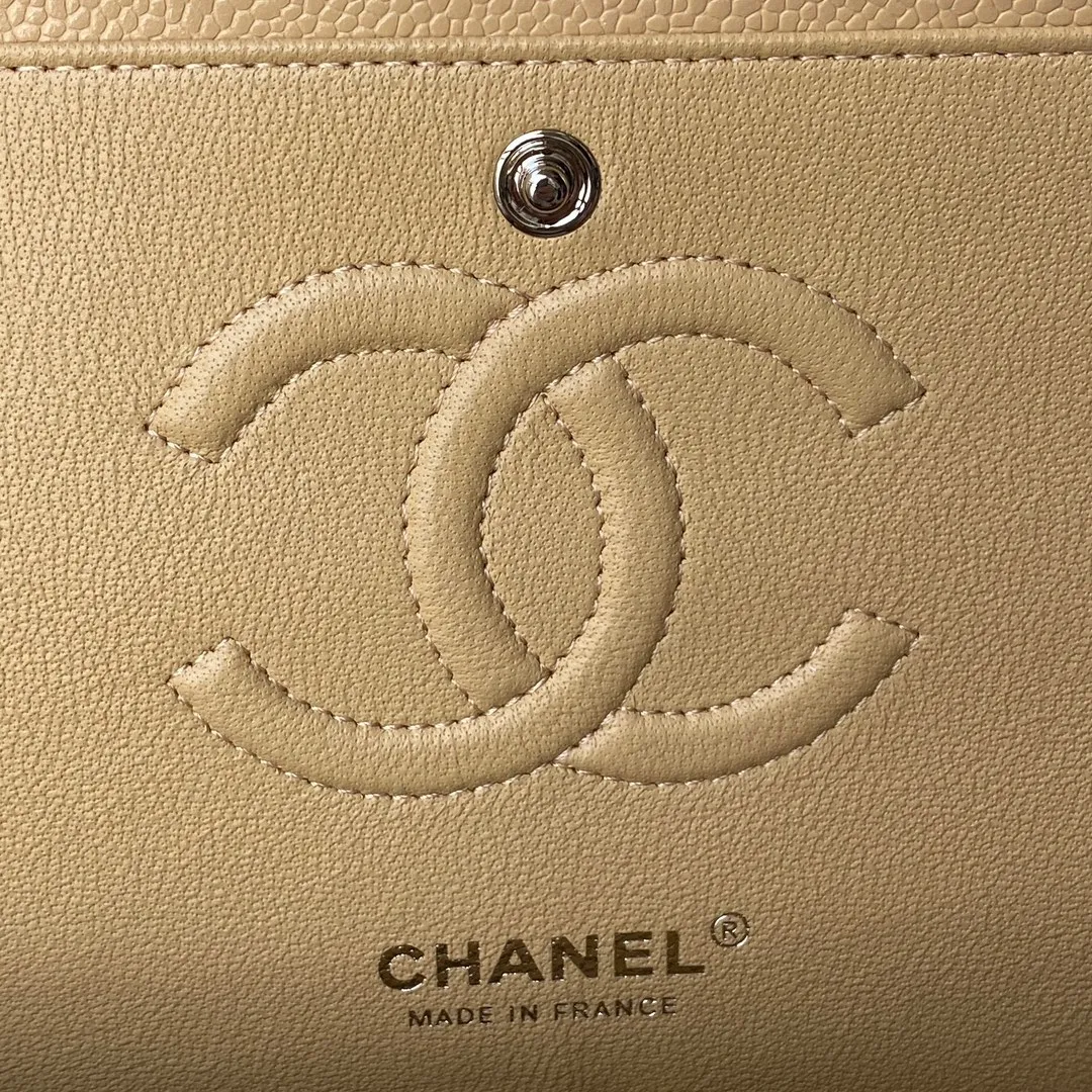 Chanel Beige Quilted Caviar Leather Medium Classic Double Flap Bag - Image 9