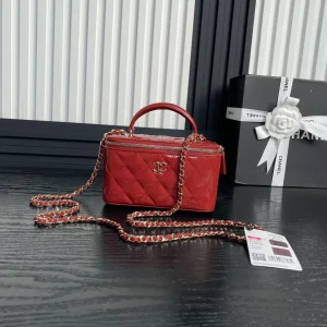 Chanel Red Quilted Lambskin Top Handle Long Vanity Case Aged Gold Hardware