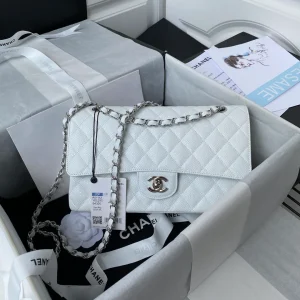 Chanel White Caviar Leather Medium Double Flap