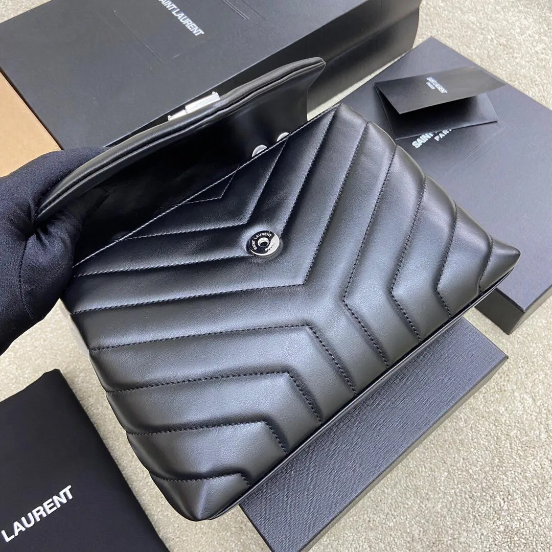 SAINT LAURENT Calfskin Y Quilted Monogram Small Loulou Chain Satchel Black - Image 9