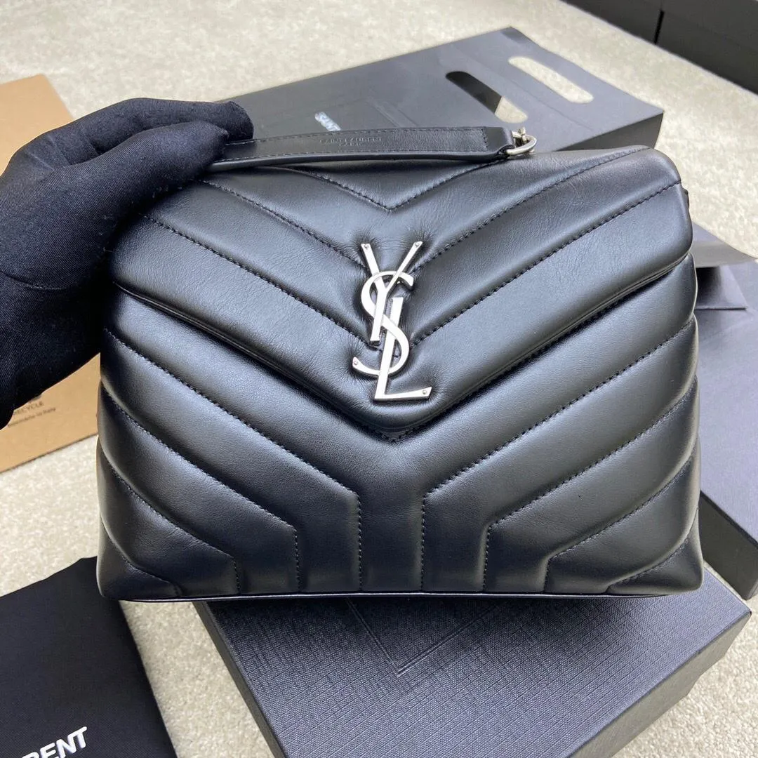 SAINT LAURENT Calfskin Y Quilted Monogram Small Loulou Chain Satchel Black