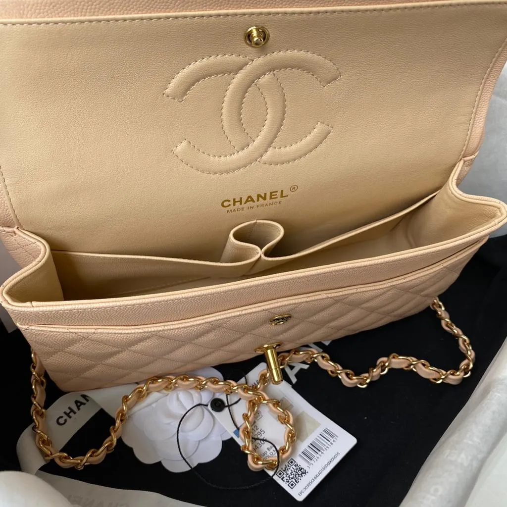 Chanel Beige Quilted Caviar Leather Medium Classic Double Flap Bag - Image 6