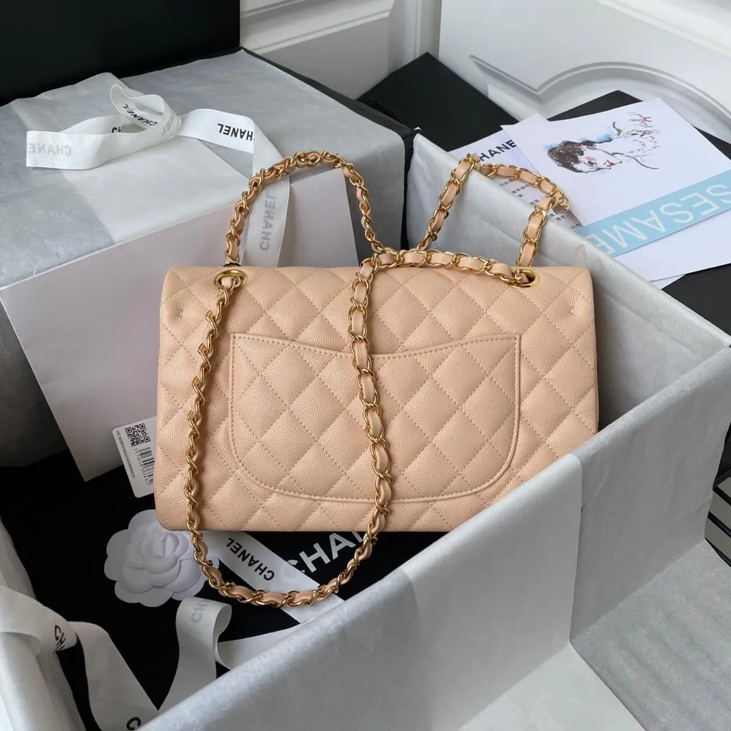 Chanel Beige Quilted Caviar Leather Medium Classic Double Flap Bag - Image 8