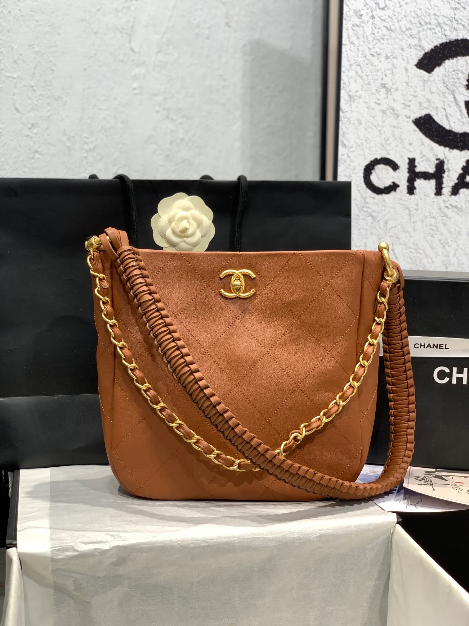 CHANEL Calfskin Quilted Braided Handle Chain Hobo Brown - Image 10