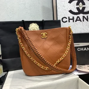 CHANEL Calfskin Quilted Braided Handle Chain Hobo Brown