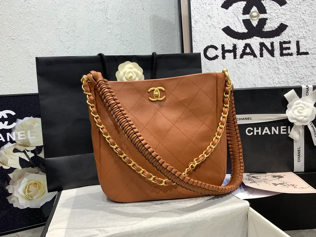 CHANEL Calfskin Quilted Braided Handle Chain Hobo Brown