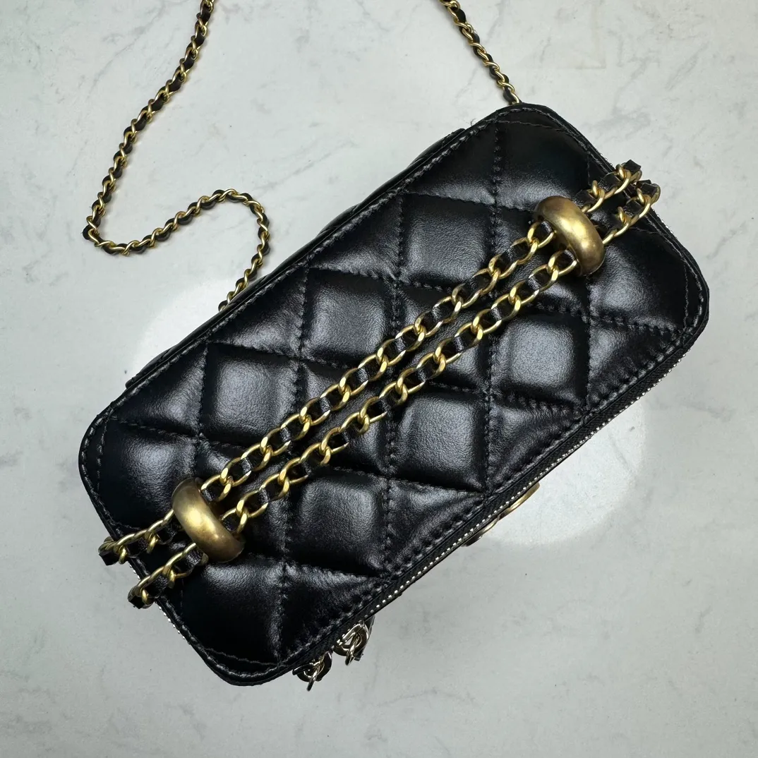 CHANEL Lambskin Enamel Quilted Logo Small Vanity Case With Chain Black - Image 7
