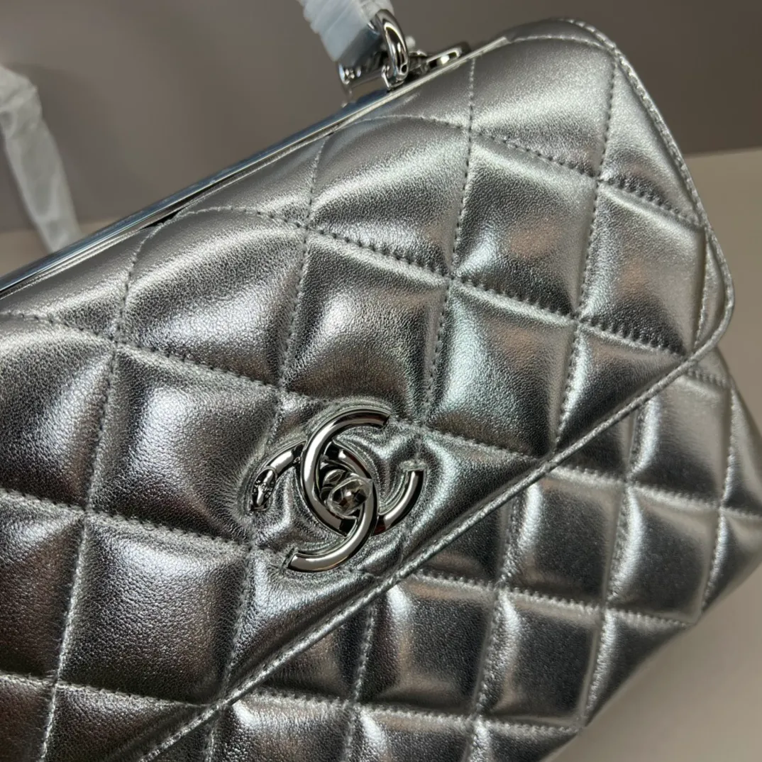 CHANEL Metallic Lambskin Quilted Small Trendy CC Flap Dual Handle Bag Silver - Image 5