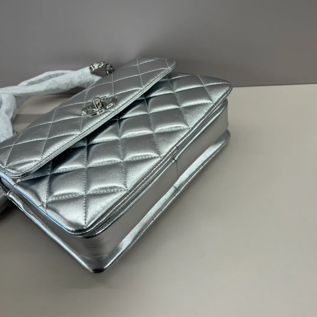 CHANEL Metallic Lambskin Quilted Small Trendy CC Flap Dual Handle Bag Silver - Image 8