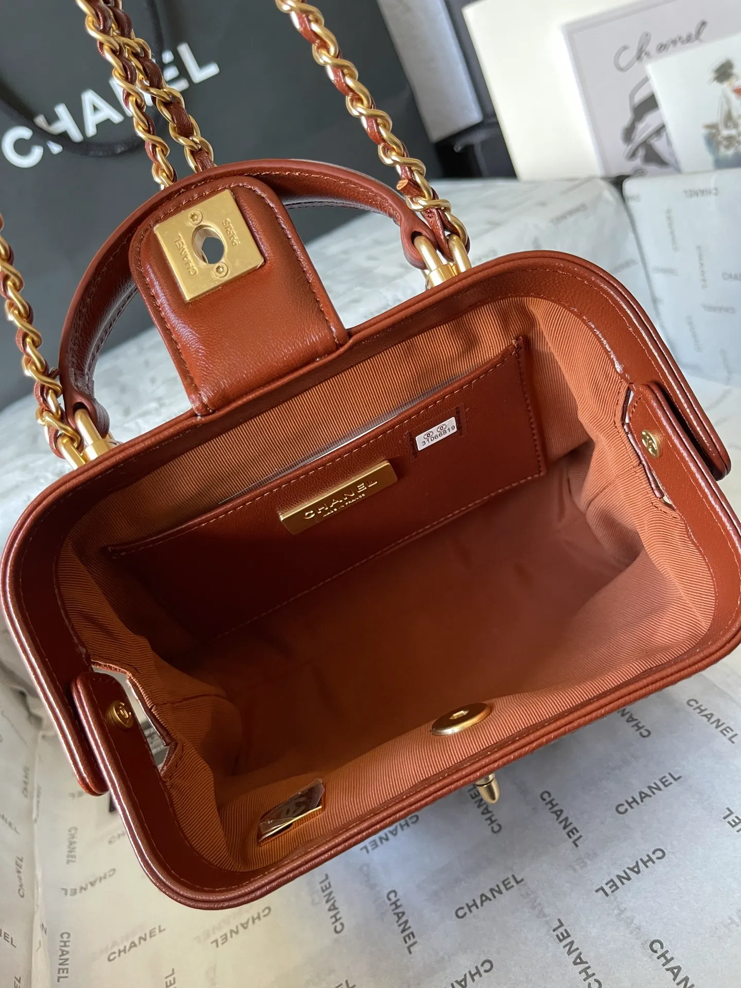 CHANEL Shiny Lambskin Quilted Mini Cocodoc Top Handle Bag Brown - Image 10