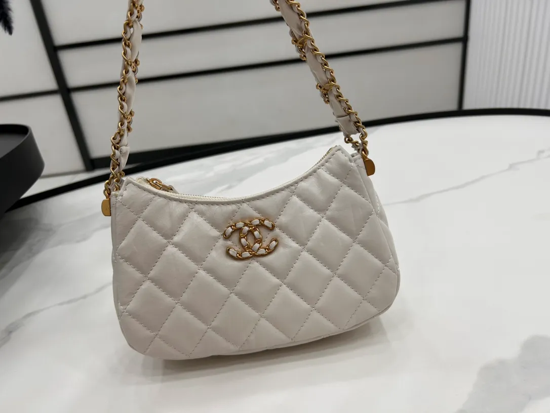 Chanel 19 Hobo Bag White Aged Calfskin Brushed Gold Hardware