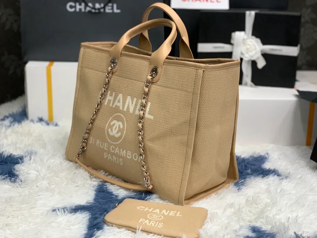 Chanel Beige Calfskin Grand Shopping Tote GST Chain Handbag - Image 4