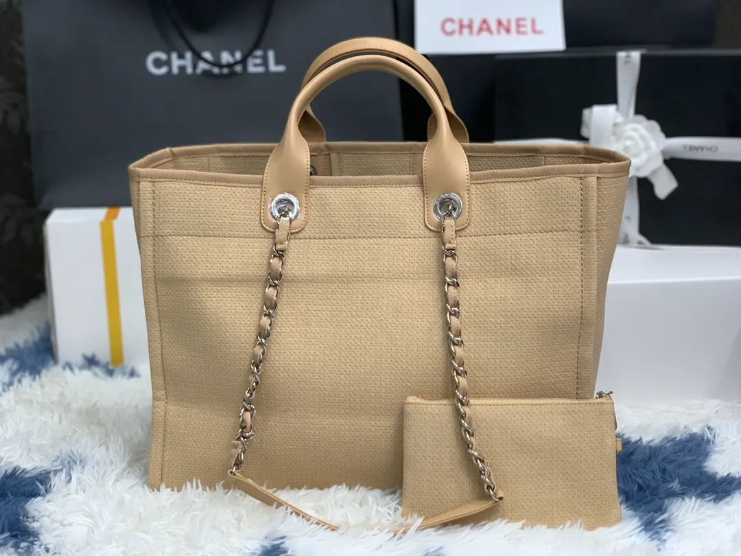 Chanel Beige Calfskin Grand Shopping Tote GST Chain Handbag - Image 5