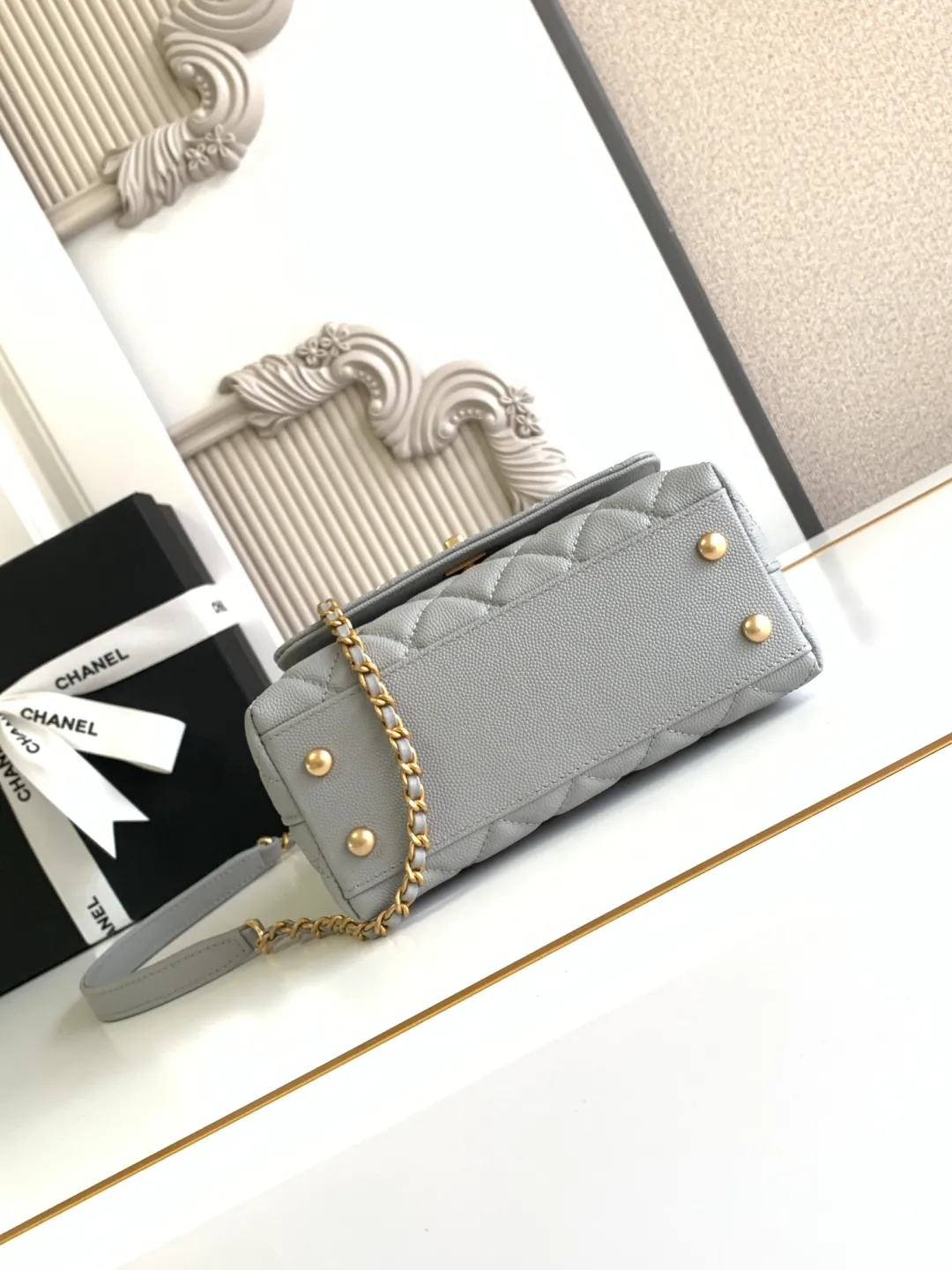 Chanel Flap Bag With Top Handle Grained Calfskin Gold Metal - Image 8