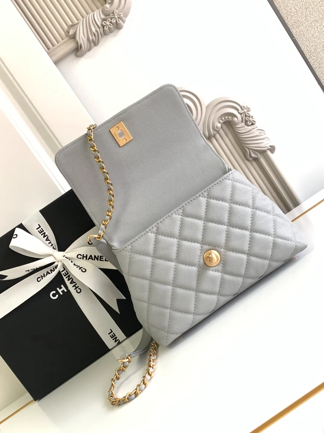 Chanel Flap Bag With Top Handle Grained Calfskin Gold Metal - Image 9