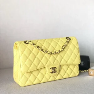 Chanel Iridescent Yellow Quilted Caviar Leather Medium Double Flap Classic Bag