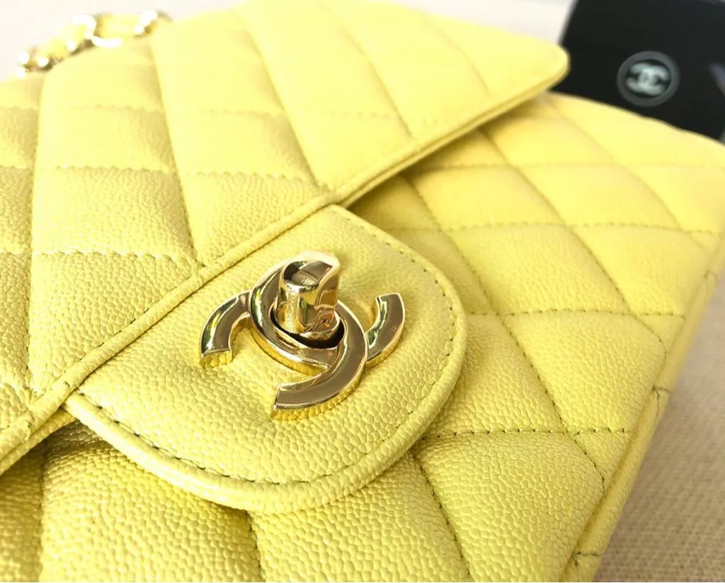 Chanel Iridescent Yellow Quilted Caviar Leather Medium Double Flap Classic Bag - Image 6