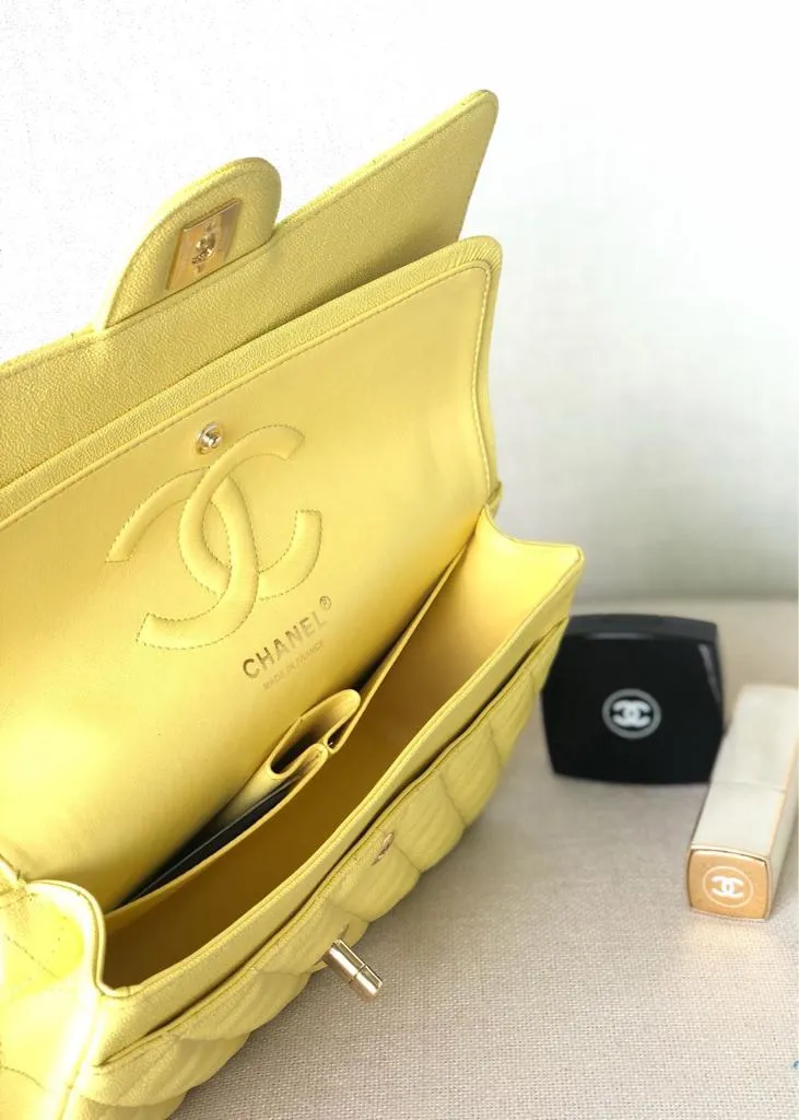 Chanel Iridescent Yellow Quilted Caviar Leather Medium Double Flap Classic Bag - Image 8