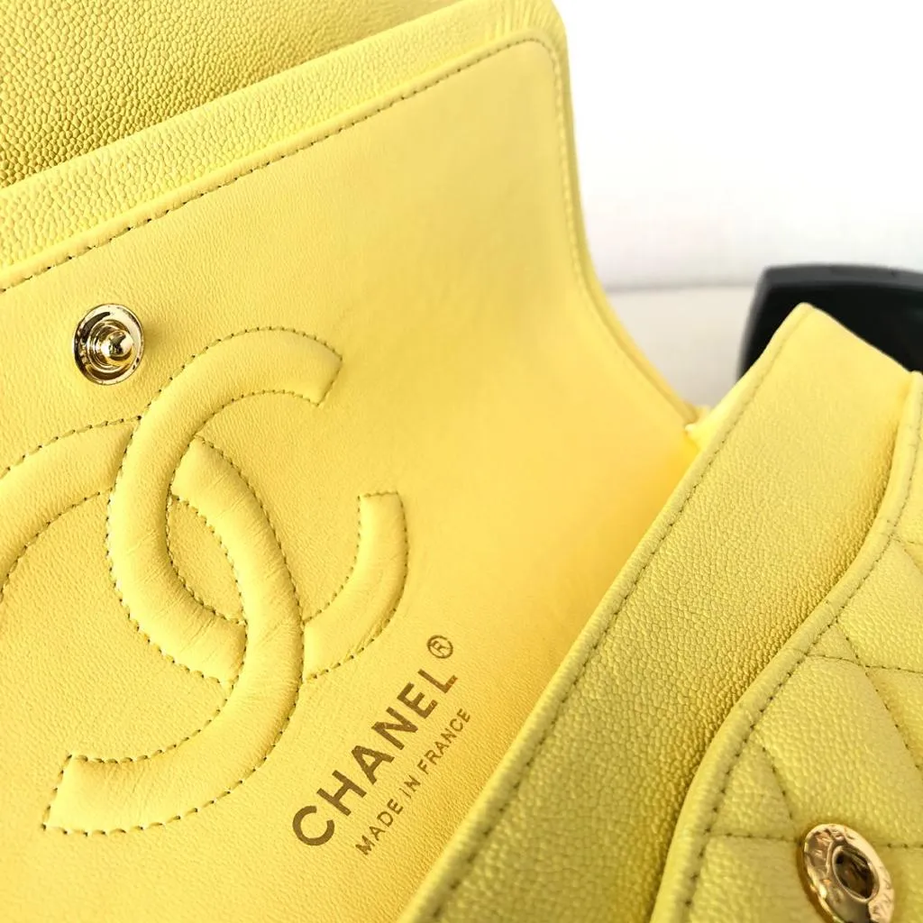 Chanel Iridescent Yellow Quilted Caviar Leather Medium Double Flap Classic Bag - Image 10